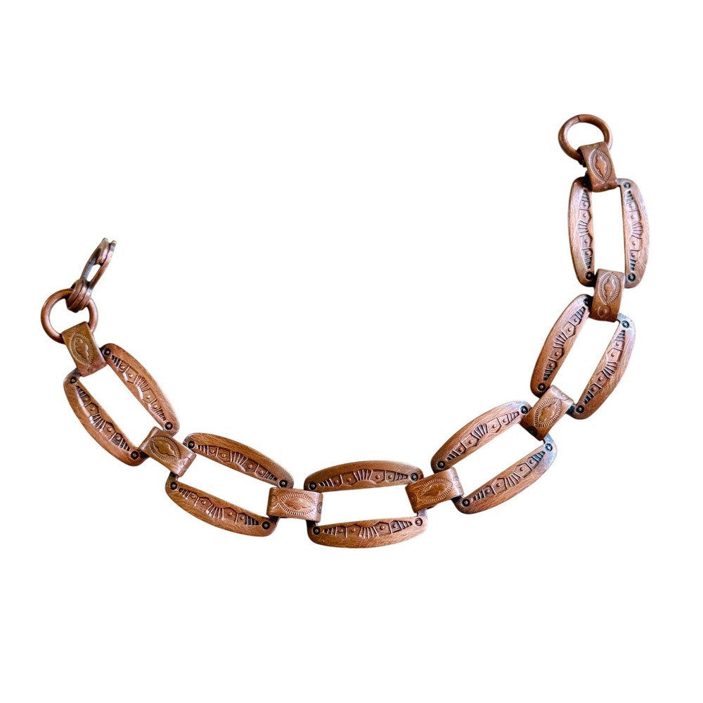 VTG Western Ornate Box Link Bracelet 1970s Signed Copper MCM Retro 8"